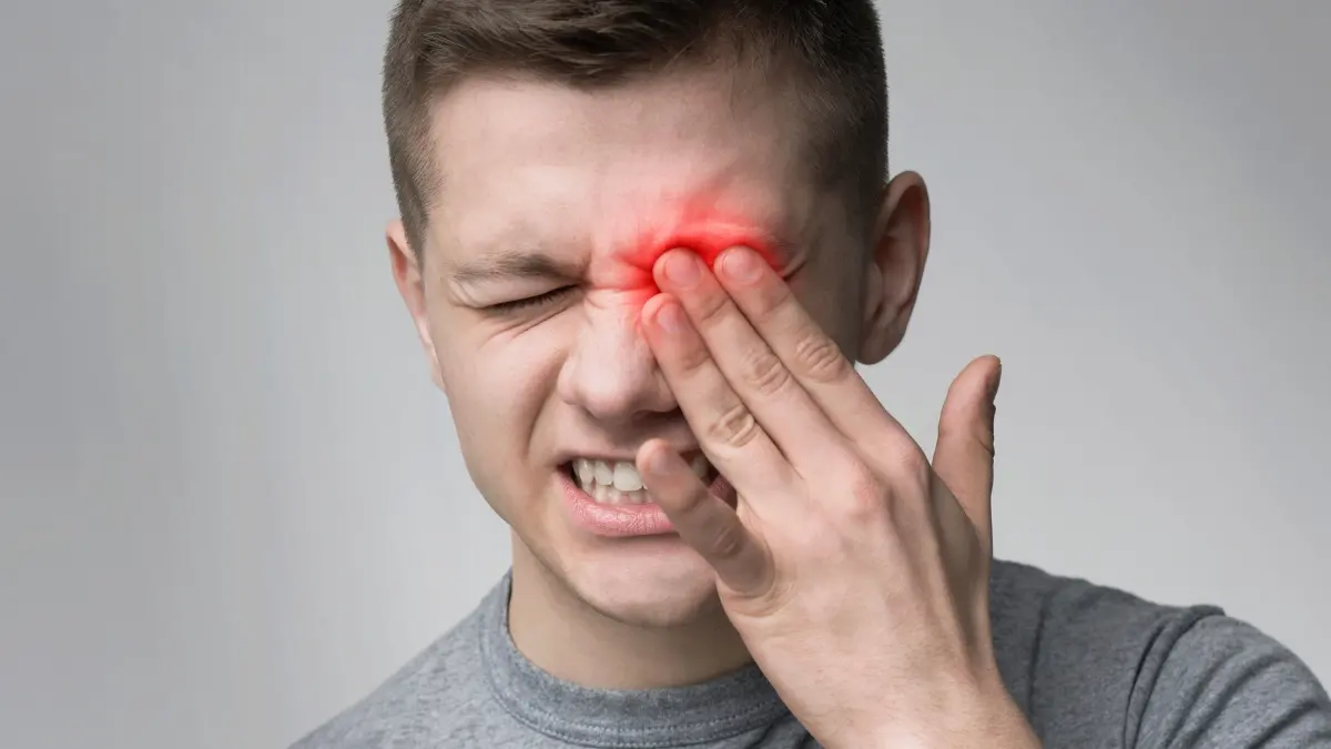 Person using a laptop experiencing digital eye strain from prolonged blue light exposure