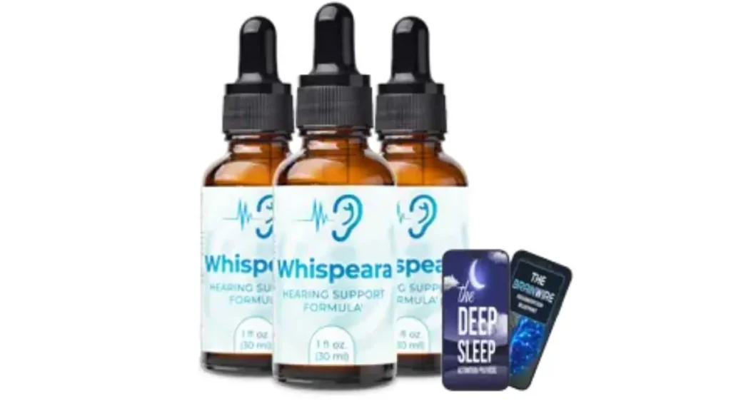 Adult experiencing hearing discomfort and tinnitus symptoms while researching wellness supplements