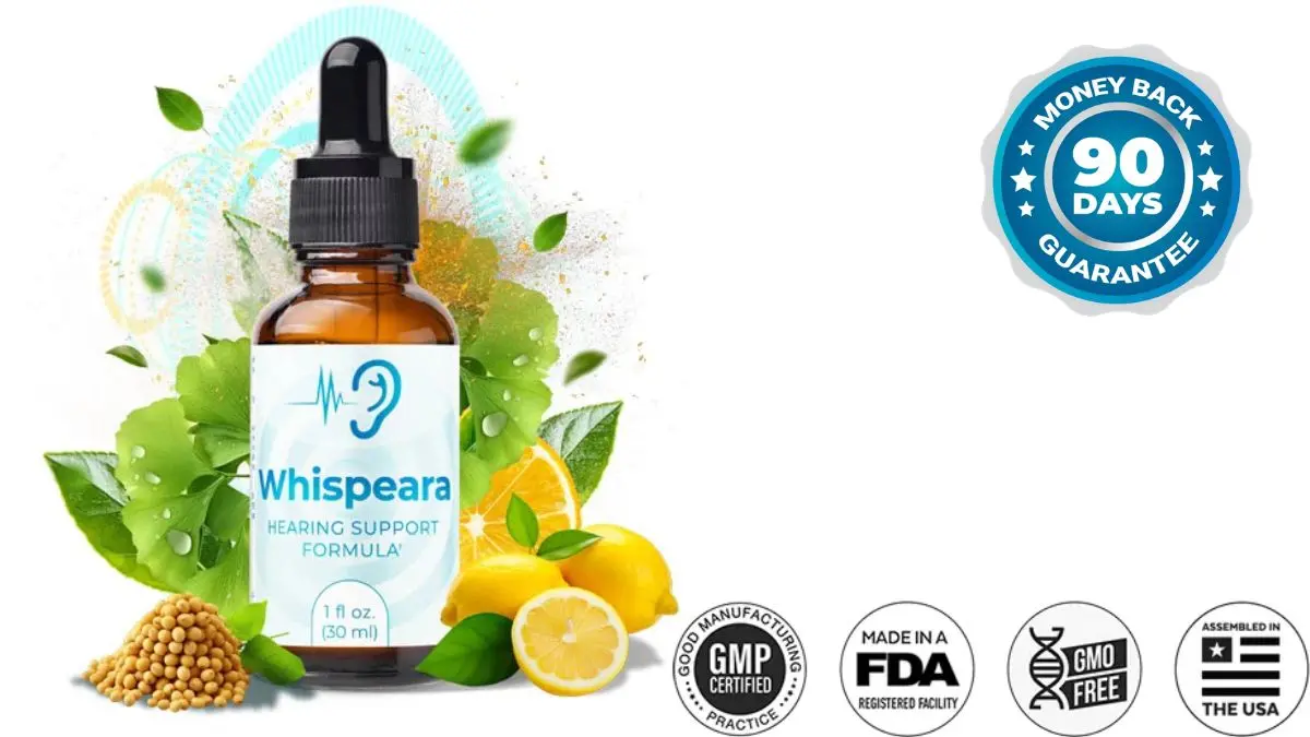 Whispeara hearing support supplement bottle with ingredients for cognitive and auditory wellness